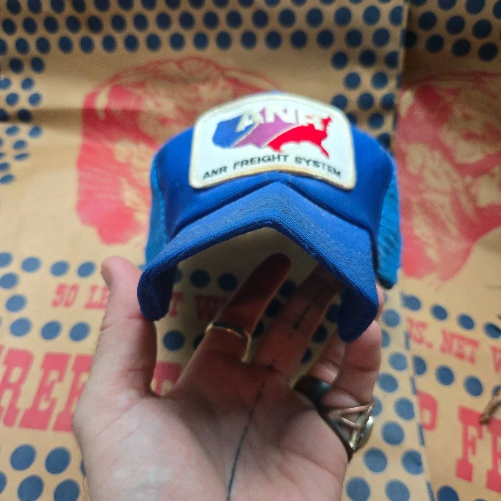 VTG ANR Freight System Trucker Hat Blue GUC OSFA Snapback Mesh Patch Cap USA Map